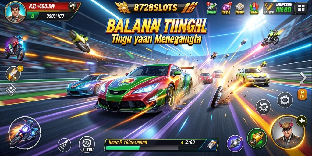 Screenshot utama menunjukkan aksi balapan mendebarkan di 8728SLOTS.