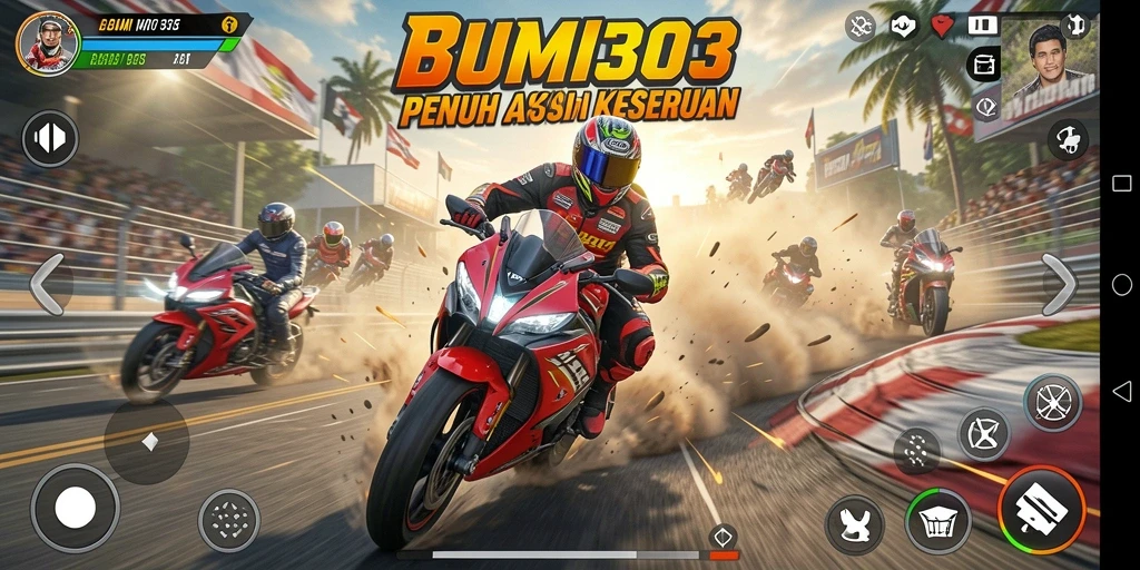 Gameplay seru dan menegangkan dalam BUMI303 saat balapan motor.