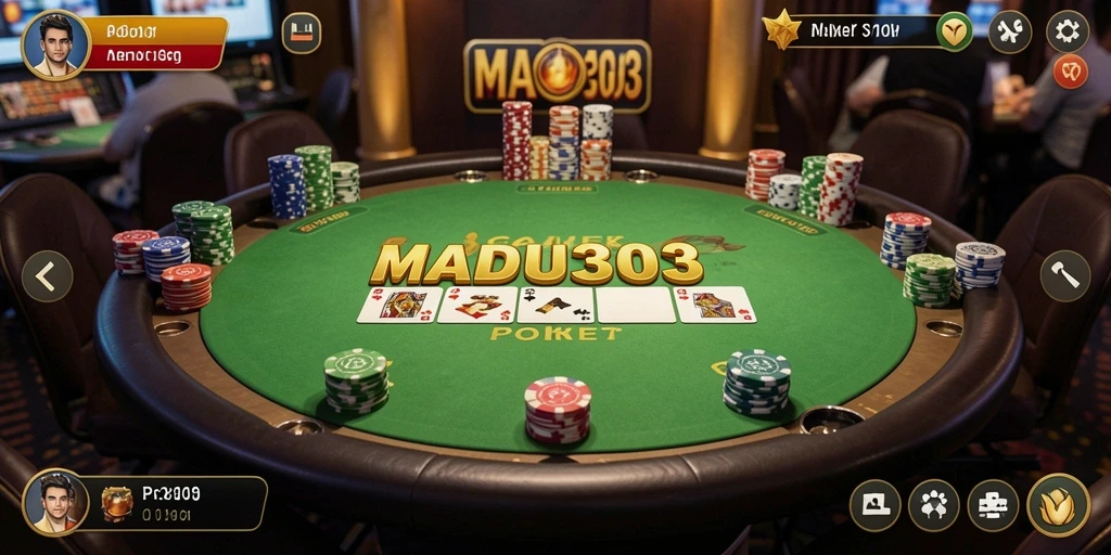 Tangkapan layar gameplay MADU303 menunjukkan suasana poker yang menegangkan dan kompetitif.