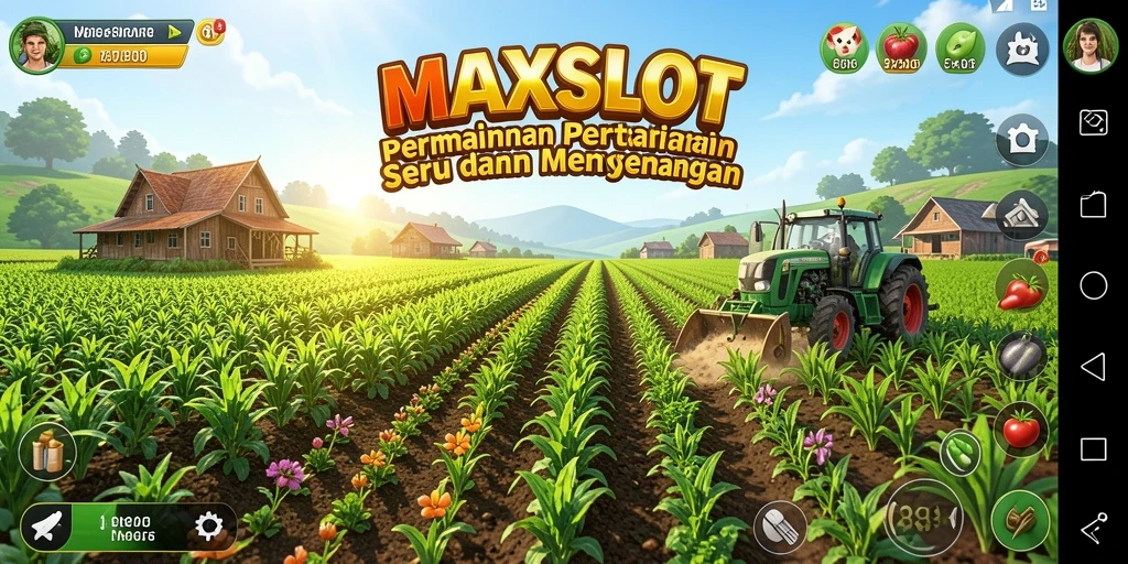 Tampilan gameplay <strong>MAXSLOT</strong> dengan aktivitas bertani yang seru.