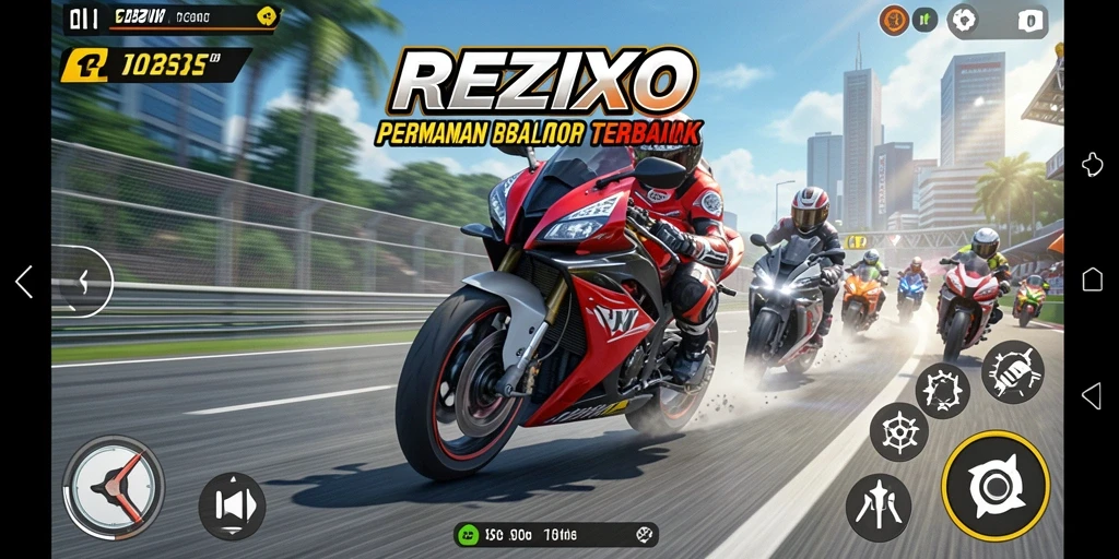 Tampilan gameplay REZIXO yang intens dan mendebarkan dalam balapan motor.